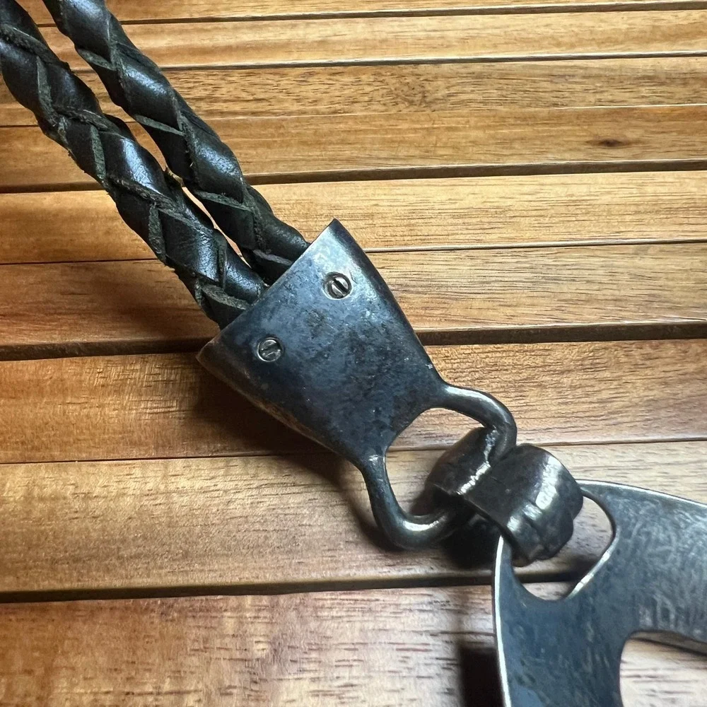 Vintage Braided Leather Lariat Hip Belt Teardrop Buckle Dark Double Strand 50